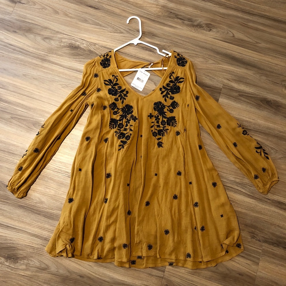 NWT Free People Mustard Dress with Embroidery